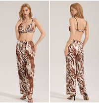 Zebra-Print Satin Chiffon Pajamas For Women Summer Cami Top And Pants Casual Loungewear Set