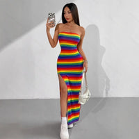 Rainbow-striped Bodycon Off-shoulder Halter Sexy Summer Dress