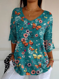 Floral 3d Printed Women's V-neck T-shirt Printed Round Neck Short Sleeve