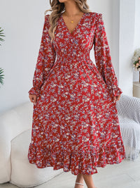 Women's Elegant Floral Print Cross V Neck Tie Waist Ruffle Maxi Dress