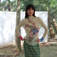 Micro-translucent Pleated Irregular Print High-neck Slim-fit Base T-shirt