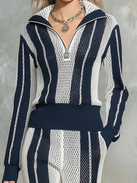 Hollow-out Striped Shirt And Loose-knit Wide-leg Pants Set