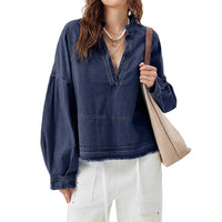 New V-neck Long Sleeve Loose Stitching Denim Long Sleeve Loose All-matching Top