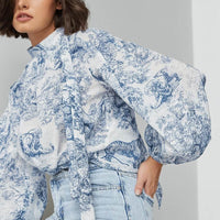 Ink Painting Shirt Design Print Lantern Sleeve Stand Collar Top