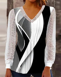 V-neck Loose Print Hollow-out Lace Tops