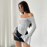 Women's Off-neck T-shirt Bell Sleeve Short Midriff-baring Top