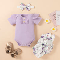 Short Sleeved Romper Floral Shorts Bow Headdress Set