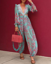 Full Screen Printed Chiffon Sexy Deep V Jumpsuit