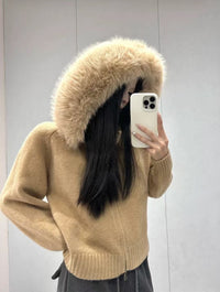Vintage Knitted Cardigan Long Sleeve Fur Collar Coat