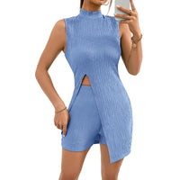Asymmetric Hem Slit Crew Neck Casual Set