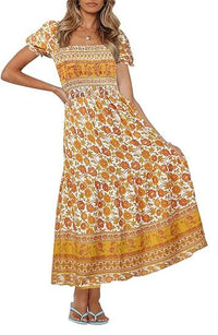 Bohemian Floral Square-Neckline Resort Long Dress