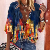 Creative Shading Pattern 3D Printing Home Leisure Short Sleeve V-neck Shirt Women
