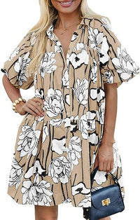 New Style Floral-print Loose-fitting Beach Dressshirt Dress