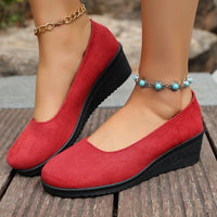 Shallow-toe Round-toe Slip-on Suede Wedge Shoes
