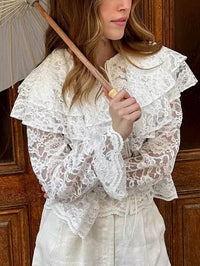 Lace Sheer Double-layer Ruffle-neck Blouse