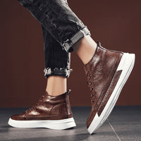 All-match Brown Men's High-top Casual Leather Shoes