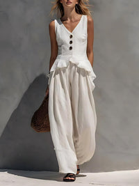 Sleeveless V-neck Ruffled Tank Top Draping Wide-leg Pants Two-piece Set