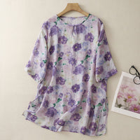 Womens Cotton-Linen Printed Shirt Loose  Mid-Length New Chinese-Style Top For Women