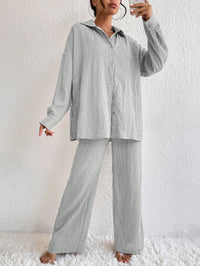 Summer New European And American Style Pleated Long-Sleeve Lapel Loose Two-Piece Set