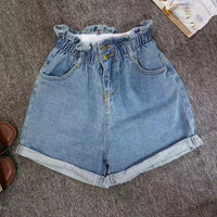 Calyx elastic waist denim shorts female summer high waist was thin student wide leg hot pants