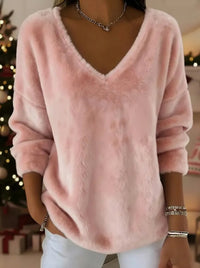 New Womens Plush Pullover With A Drop-shoulder V-neck And Long Sleeves