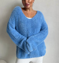 Womens Solid-Colored Long-Sleeve V-Neck Faux Mink Velvet Knit Sweater