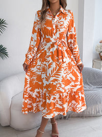 Women's Casual Floral Print Long Sleeve Ruffle Hem Shirt Maxi Dress