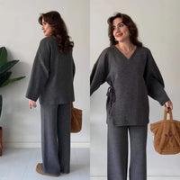 Long Sleeve V Neck Loose Top And Wide Leg Pants Set
