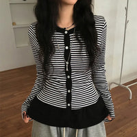 Retro Cake Hem Cardigan Striped Crew-Neck Womens Blouse