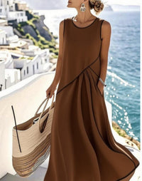 Euro-American Style Crew-Neck Sleeveless Contrasting-Color Loose Slimming Cross-Over Dress