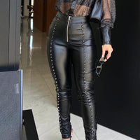 Women's Black Zippered Rivet Leather Pants
