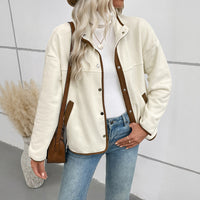 European And American Contrast Color Polar Fleece Cardigan Women's Fleece Short Stand-up Collar Casual Jacket