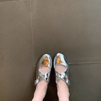 Cross Strap Silver Round Head Women's Shallow Mouth Flat Bottom Leather Shoes