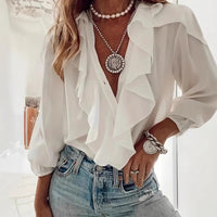Women's V-neck Long-sleeve Ruffled-trim Top