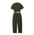 Women's Fashion Lapel Belted Cargo Jumpsuit