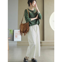 Womens Retro Embroidered Crew-Neck Long-Sleeve Top