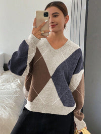 Retro Hit Color Diamond Lattice V-neck Sweater Women's Korean Style Idle Style