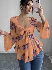 European And American Design Sense French Sweet Flower Blooming Lace-up Square Collar Long Sleeve Shirt