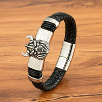 Lion Ox Head Tiger Heavy-Duty Stainless Steel Genuine Leather Magnetic-Clasp Mens Bracelet