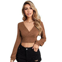 Women's V-neck Slim-fit Top Cable Fabric Long-sleeve T-shirt