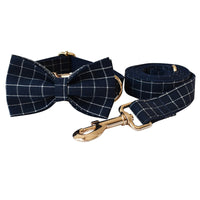 Navy Blue Plaid Gold Button Dog Collar Alloy Buckle