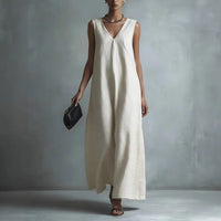 Women's Casual V-Neck Sleeveless Cotton-Linen Dress