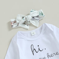 Children's Baby Letter Long-sleeve Jumpsuit Trousers Hat Hair Band Four-piece Set