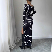 Elegant, Refined Off-shoulder Design Figure-hugging Fit Graffiti Print Asymmetric Long-sleeve Split Dress