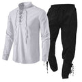 Men's Long Sleeve Linen Cotton Shirt Casual Solid Color Two-Piece Set