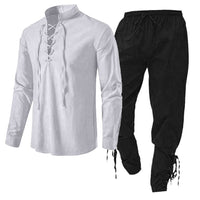 Men's Long Sleeve Linen Cotton Shirt Casual Solid Color Two-Piece Set