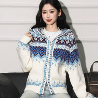 Christmas-themed Fair Isle Jacquard Hooded Sweater Coat
