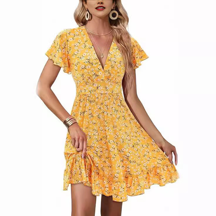 V-neck Waist-tight Large Flower Ruffled Plant Flower Dress