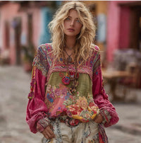 Artistic Printed Crew Neck Long-sleeve Blended Fabric T-shirt Blouse With Ethnic Style