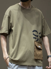 Men's Summer Loose Plus Size Pocket Printed Top T-shirt With Short Sleeves